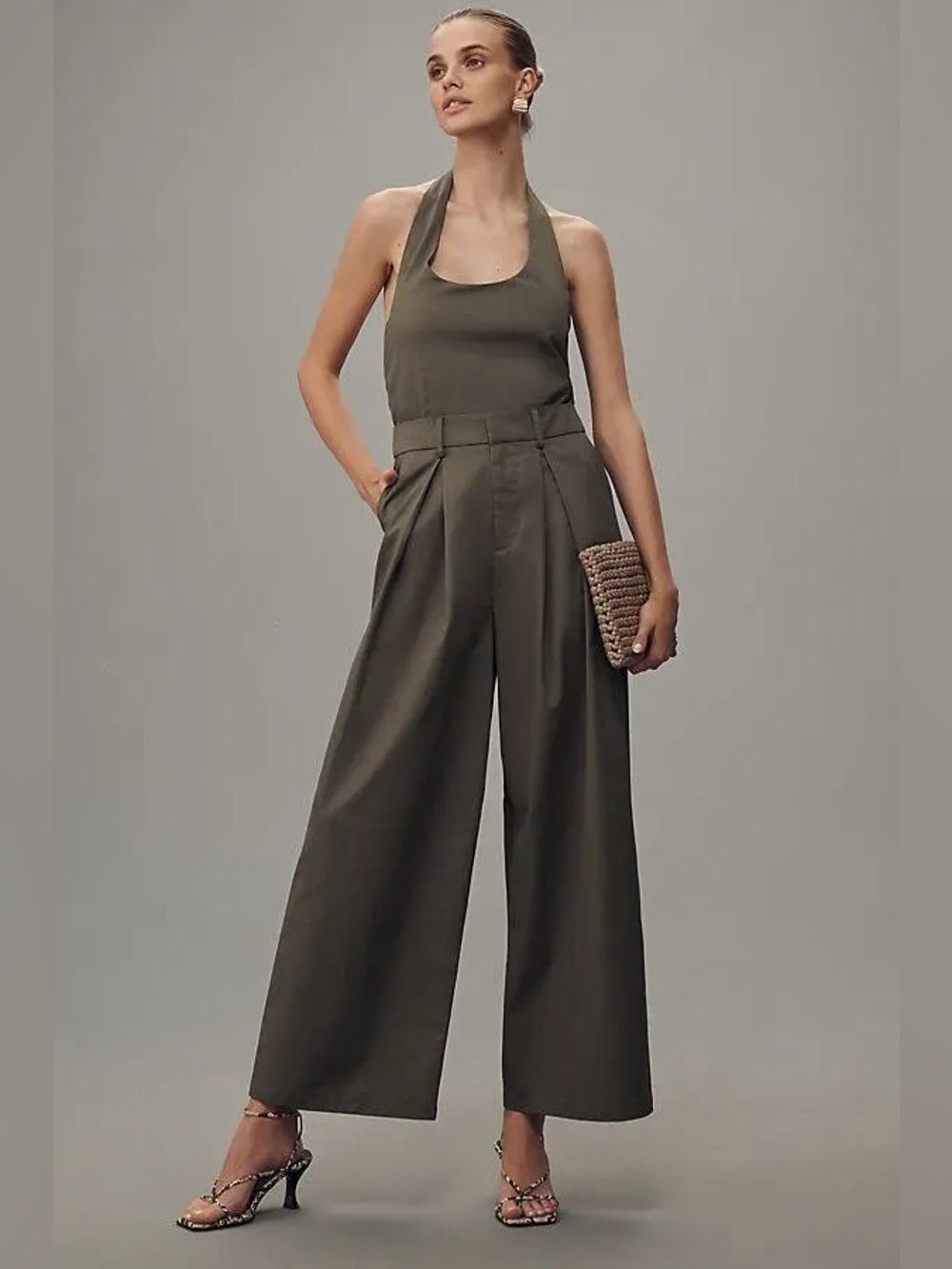 Anthropologie Flat White Cotton Halter Trouser Jumpsuit Verde Green XS NWT